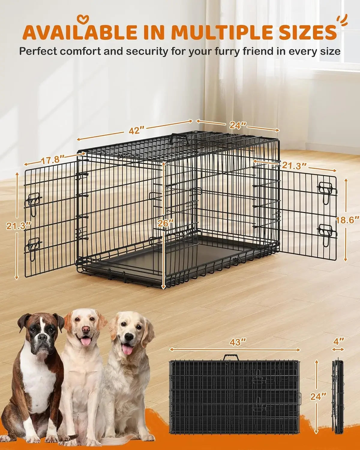42 Inch Dog Crate Double Door Dog Crate w/Divider XL Collapsible Wire