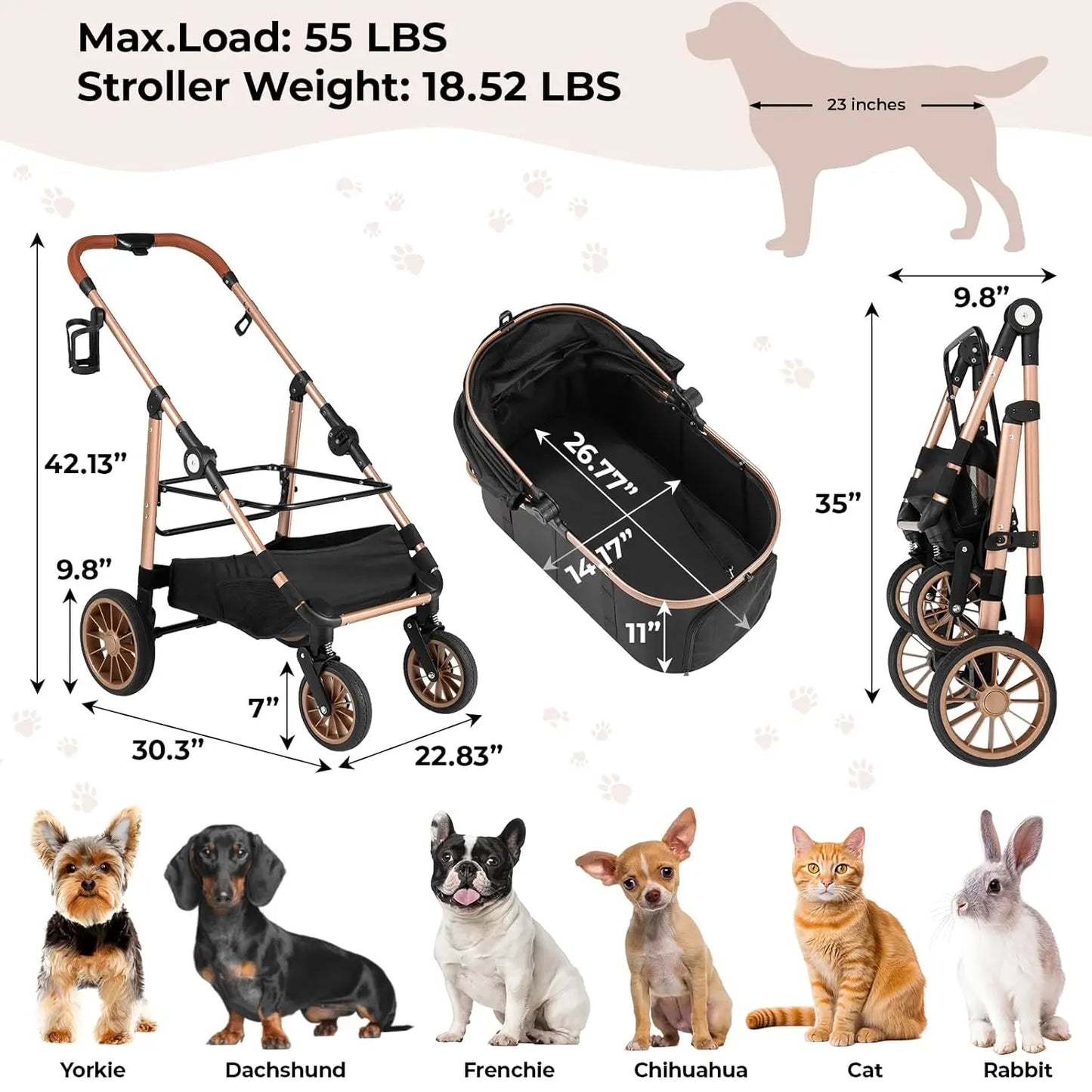 2in1 Dog Buggy Stroller Dog Box For Car, 360° High Wheels