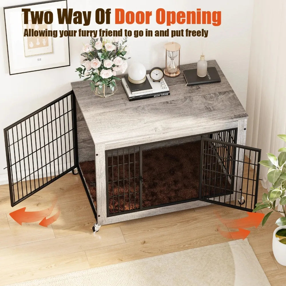 Dog Crate Furniture with Cushion and Double Doors Indoor