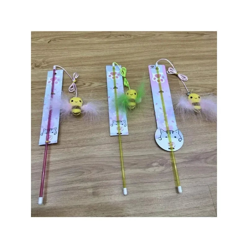 1Pcs Random Color Cat Teaser Wand Funny Fake Feather Bee Toy
