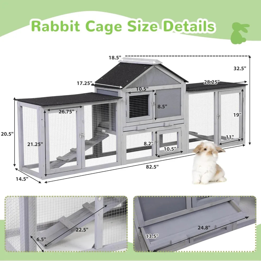 82.5 Inch Large Wooden Rabbit Hutch Outdoor Easy to Assemble Rabbit Cage Durable Bunny Hutch Indoor with Cleaning Tray