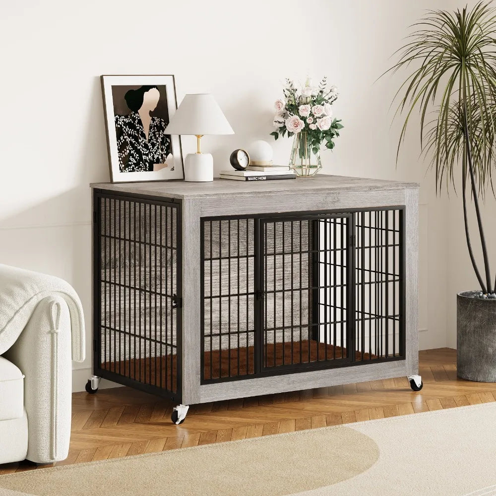 Dog Crate Furniture with Cushion and Double Doors Indoor