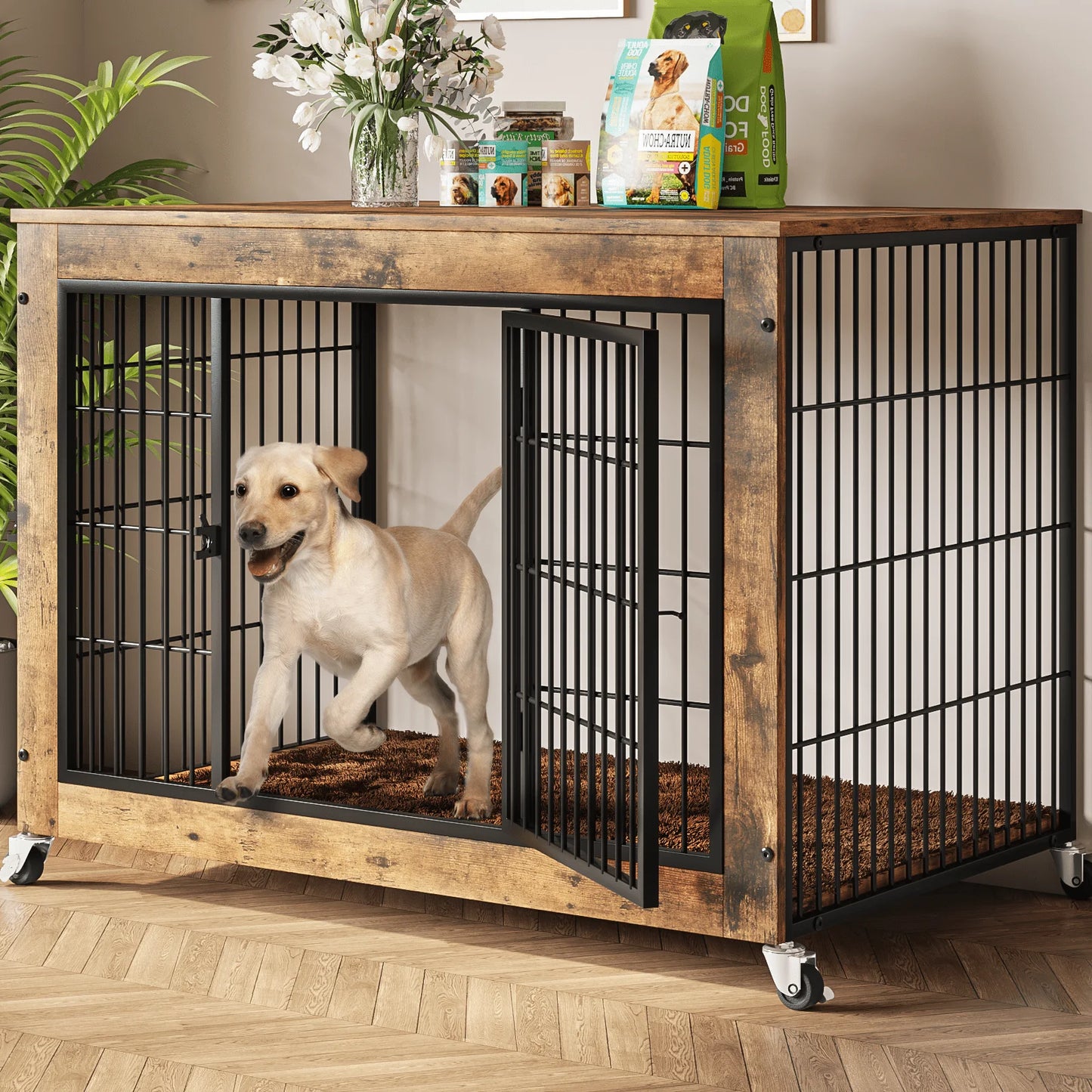 Dog Crate Furniture with Cushion and Double Doors Indoor