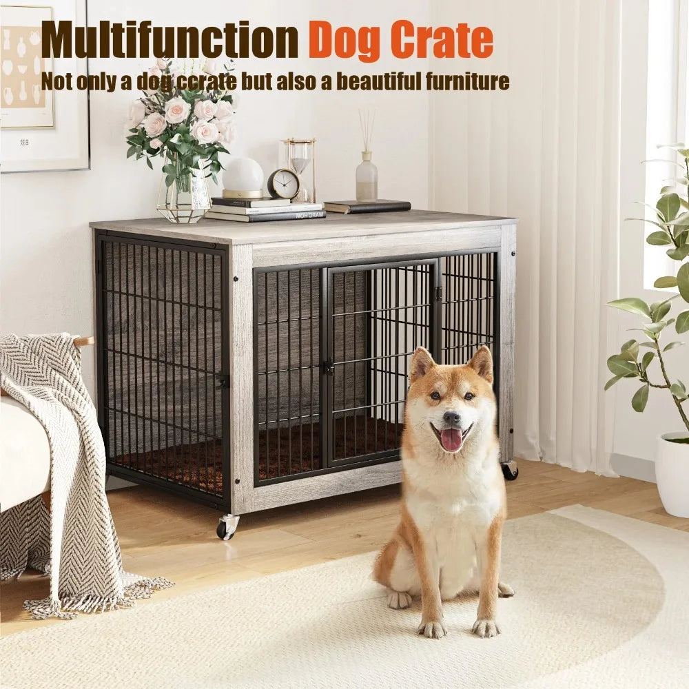 Dog Crate Furniture with Cushion and Double Doors Indoor