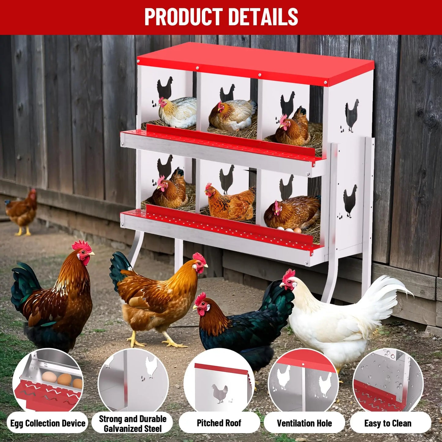 Nesting Boxes for Chickens, 6 Compartment Box with Legs