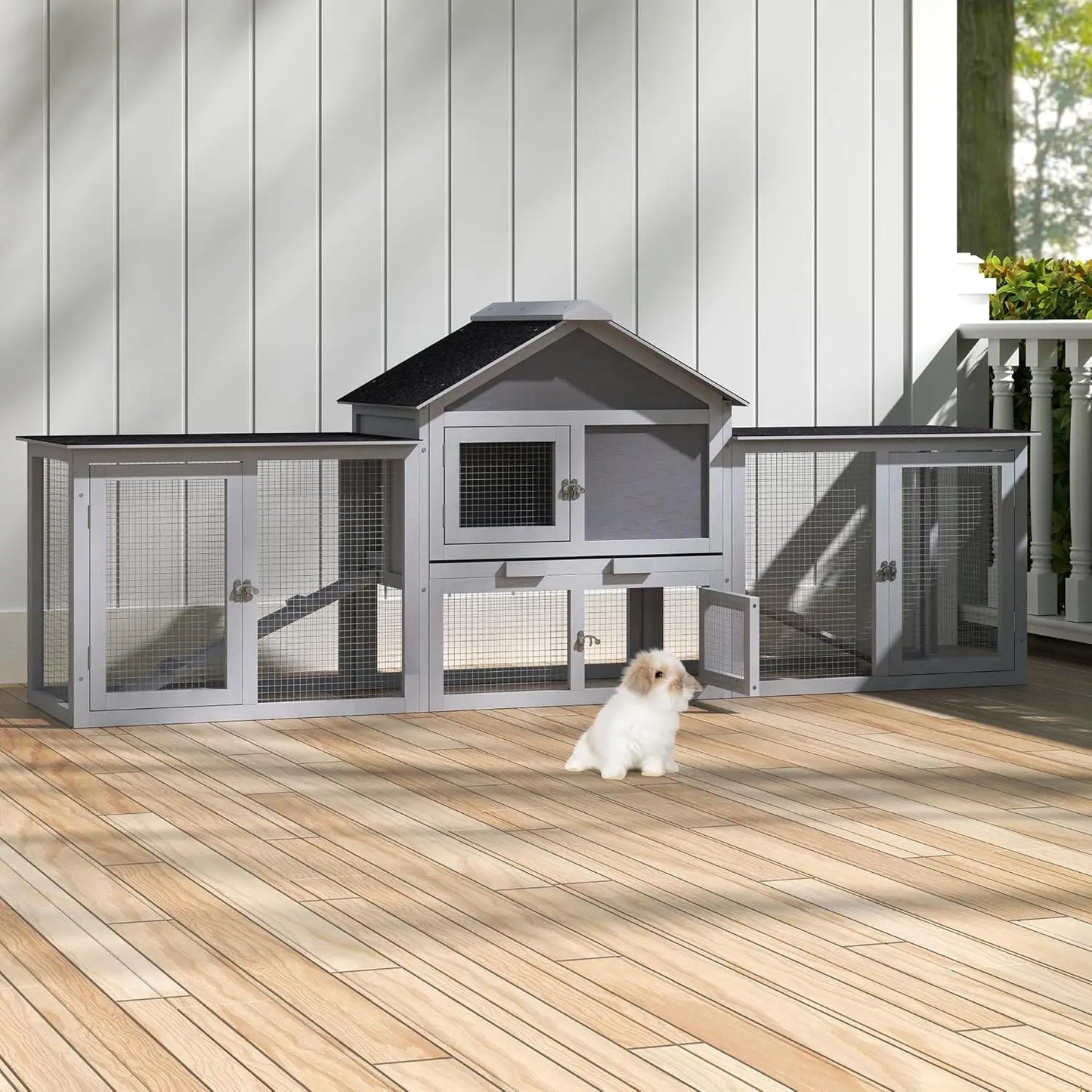 82.5 Inch Large Wooden Rabbit Hutch Outdoor Easy to Assemble Rabbit Cage Durable Bunny Hutch Indoor with Cleaning Tray