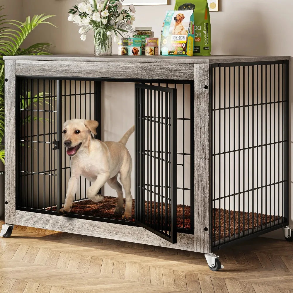 Dog Crate Furniture with Cushion and Double Doors Indoor