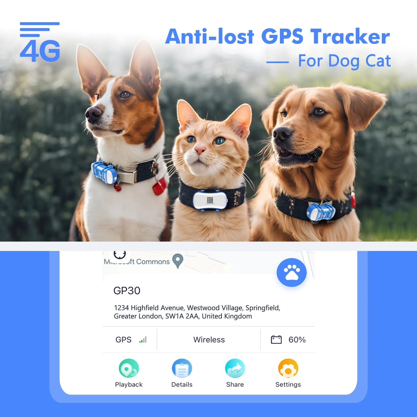 4G Dog Cat GPS Tracker for Pets Waterproof Smart Locator