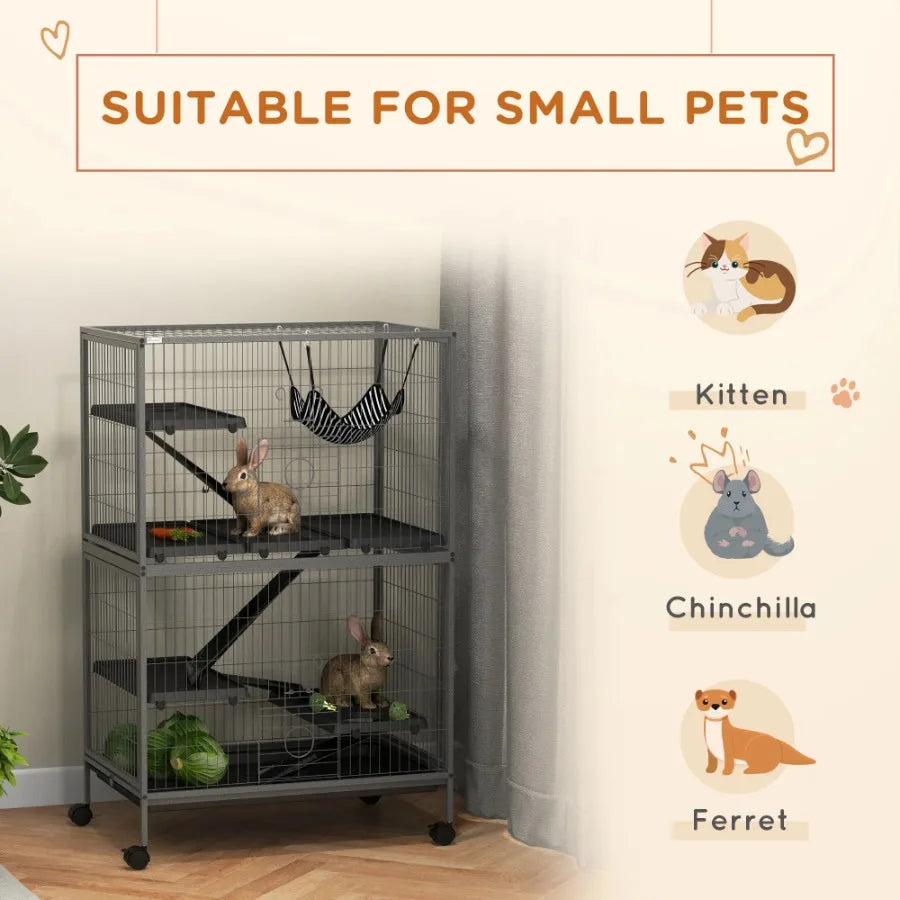 50 Inch 5 Tier Small Animal Cage Multi Door Heavy Duty Steel Wire Pet Habitat Gray