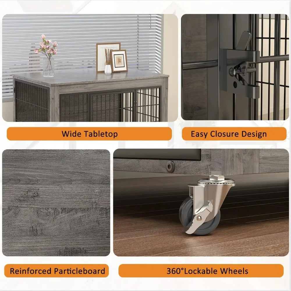 Dog Crate Furniture with Cushion and Double Doors Indoor