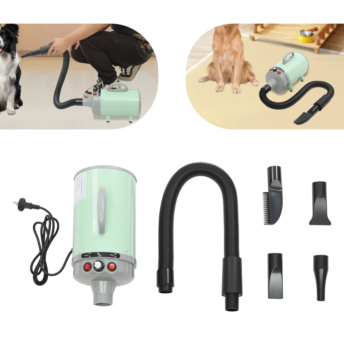 2200W Pet Hair Dryer with Adjustable Wind Speed and 4 Nozzles