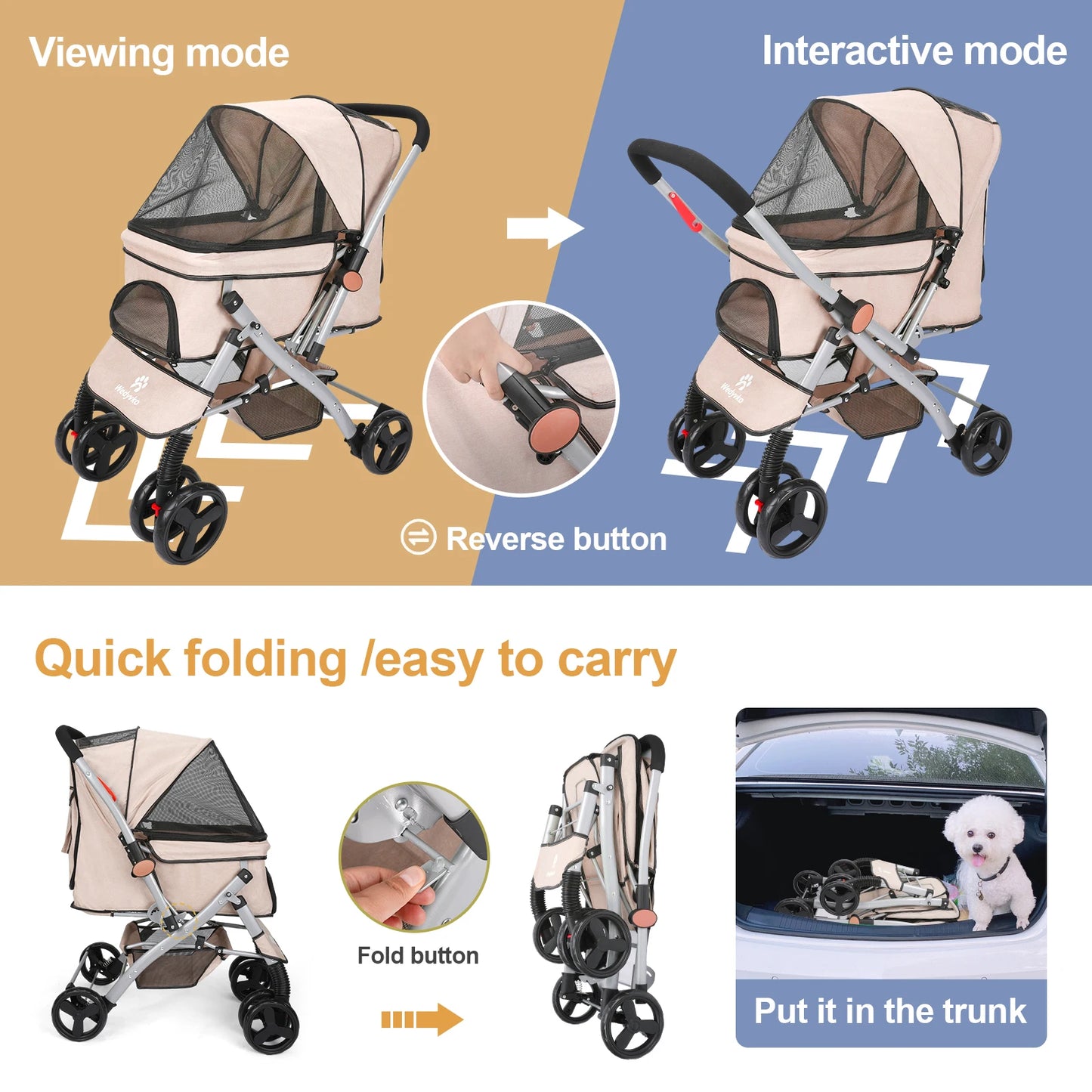 Foldable Cat Dog Stroller Detachable Easy Assembly Carrier