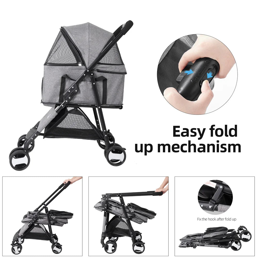Pet Dog Stroller Foldable Travel Carrier with Rain Cover