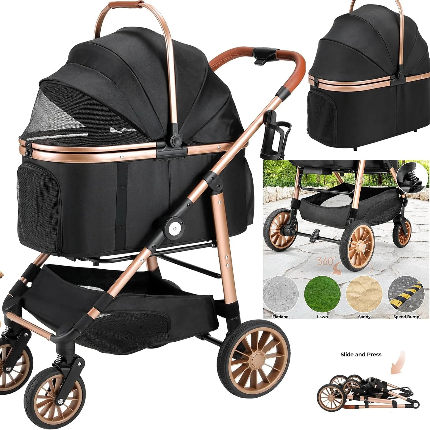 2in1 Dog Buggy Stroller Dog Box For Car, 360° High Wheels