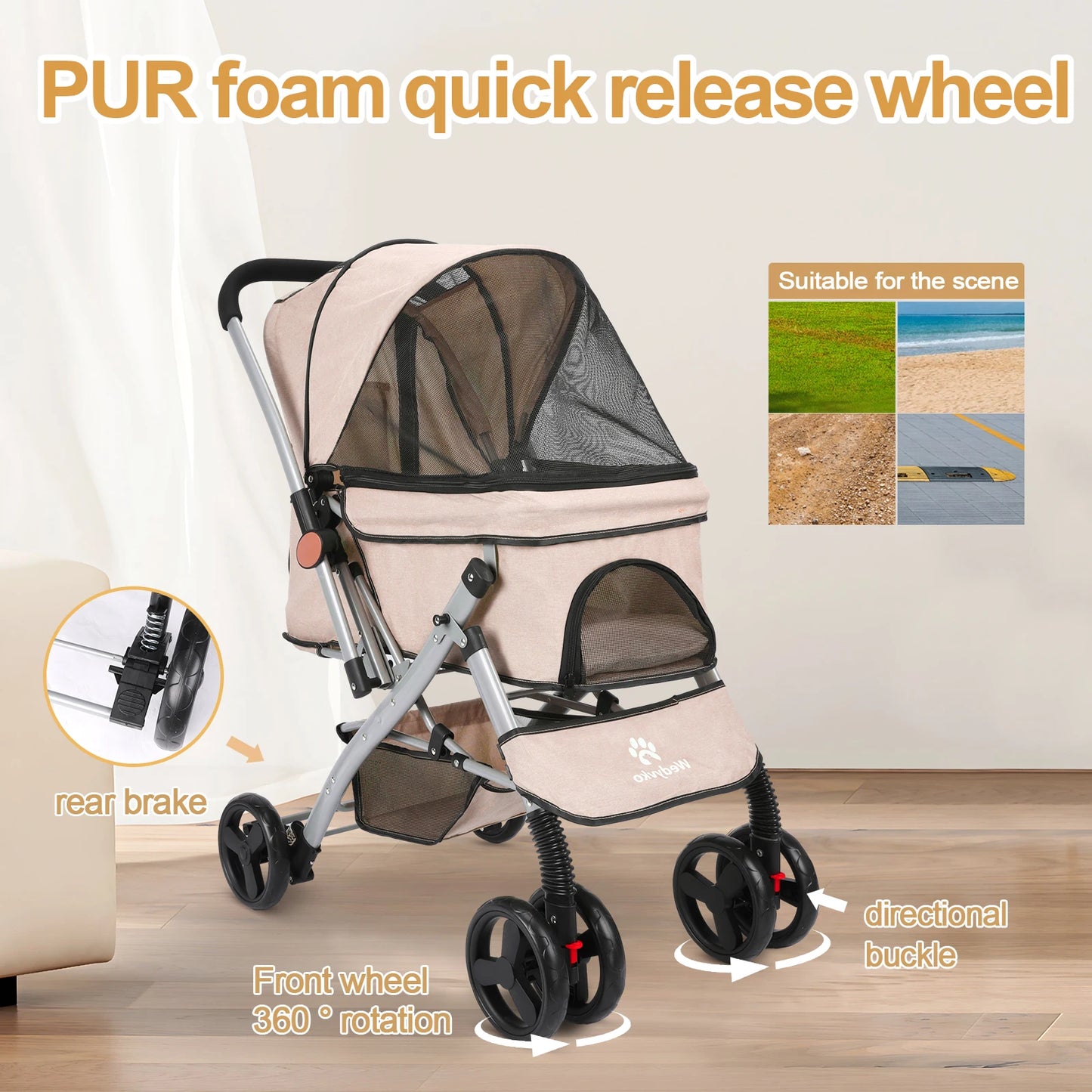 Foldable Cat Dog Stroller Detachable Easy Assembly Carrier