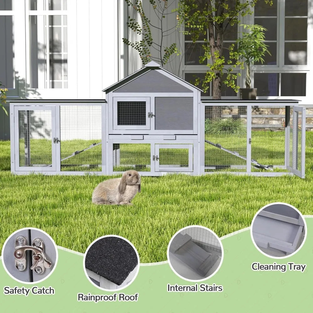 82.5 Inch Large Wooden Rabbit Hutch Outdoor Easy to Assemble Rabbit Cage Durable Bunny Hutch Indoor with Cleaning Tray
