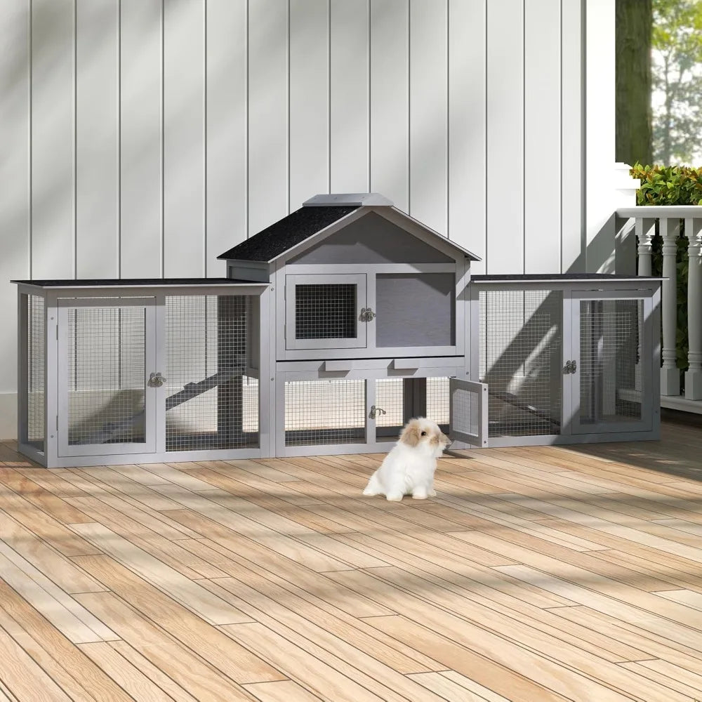 82.5 Inch Large Wooden Rabbit Hutch Outdoor Easy to Assemble Rabbit Cage Durable Bunny Hutch Indoor with Cleaning Tray