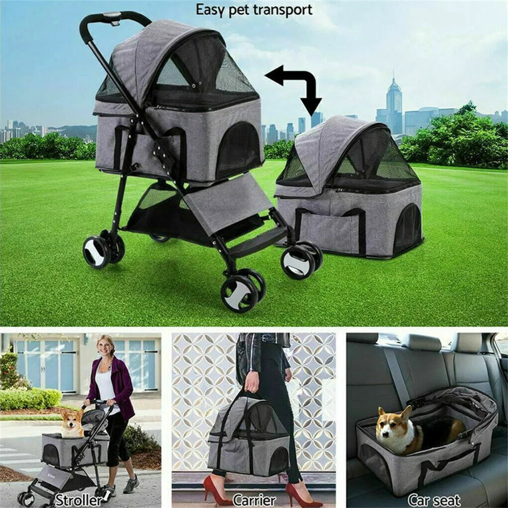 Pet Dog Stroller Foldable Travel Carrier with Rain Cover
