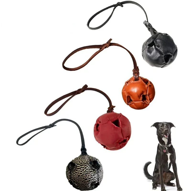 Leather Dog Training Ball Toy with Handle for Fetch Play