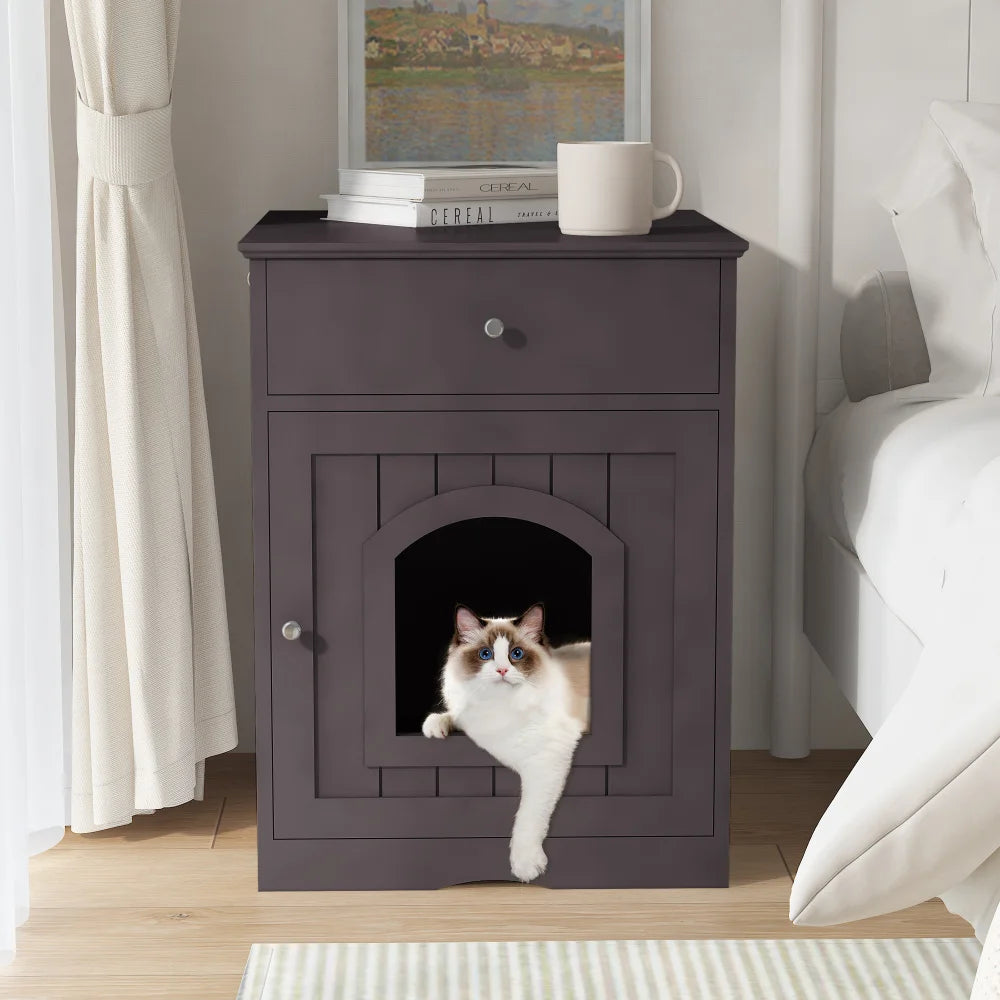 Wooden Pet House Cat Litter Box Enclosure with Drawer Side Table